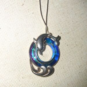 Silver Dolphin Wave Pendant Necklace with Iridescent Blue Ring And Earrings